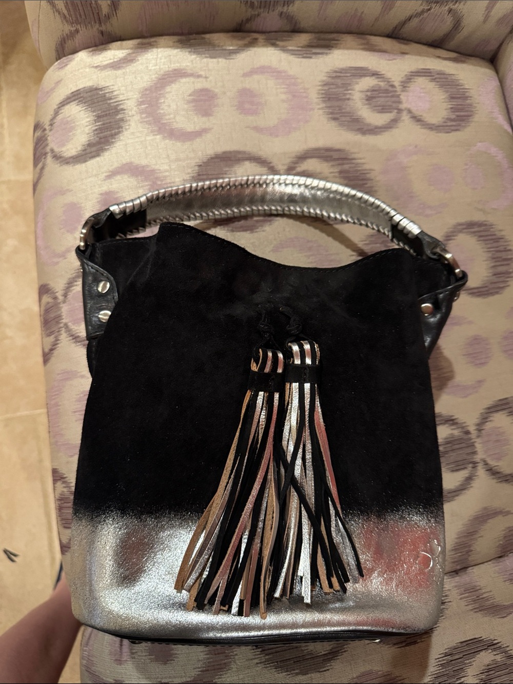 Patricia Nash Black Suede and Silver Metallic Tassel Shoulder Bag